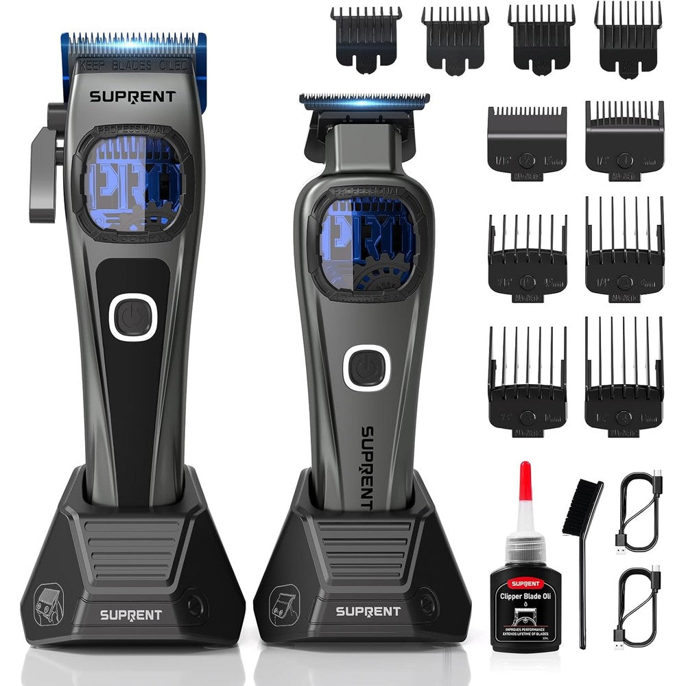 SUPRENT StormGray Professional Hair Clippers front view showing the digital display and premium blue titanium blades.