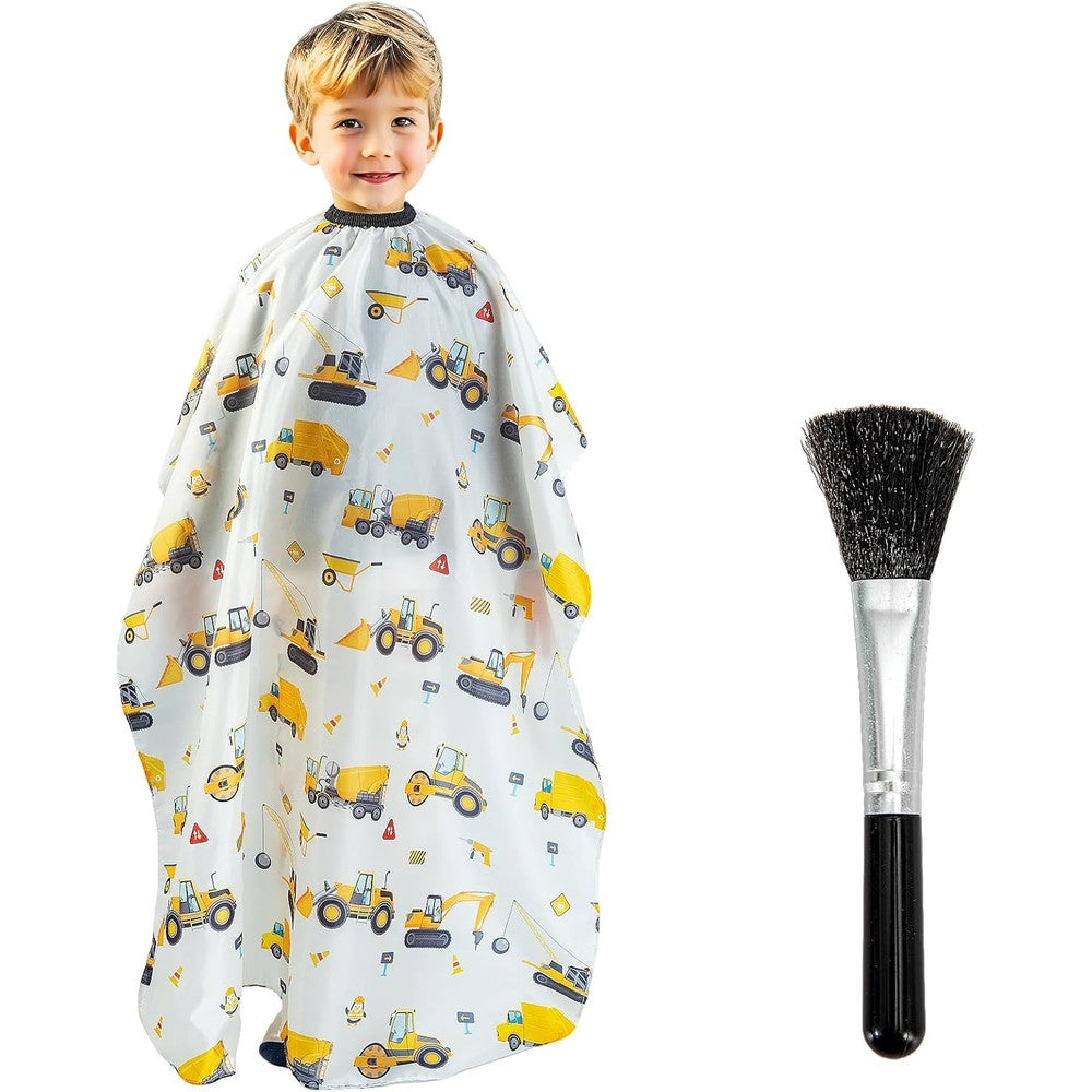 Gealaek kids haircut cape front view showing white fabric with construction truck print