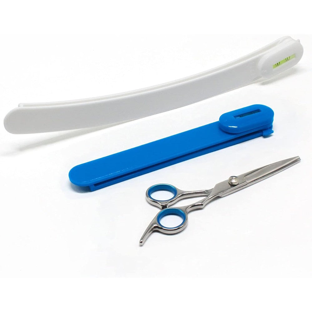 MAIPAY DIY Home Hair Cutting Kit front view showcasing blue and white alignment clips with stainless steel scissors.