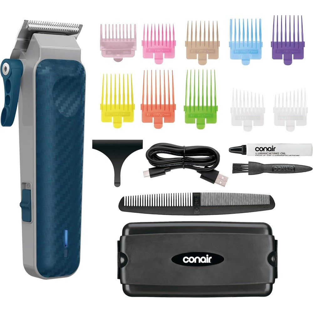 Conair Men Lithium Ion Rechargeable Clipper front view showcasing the textured blue handle and premium stainless steel grooming blades.