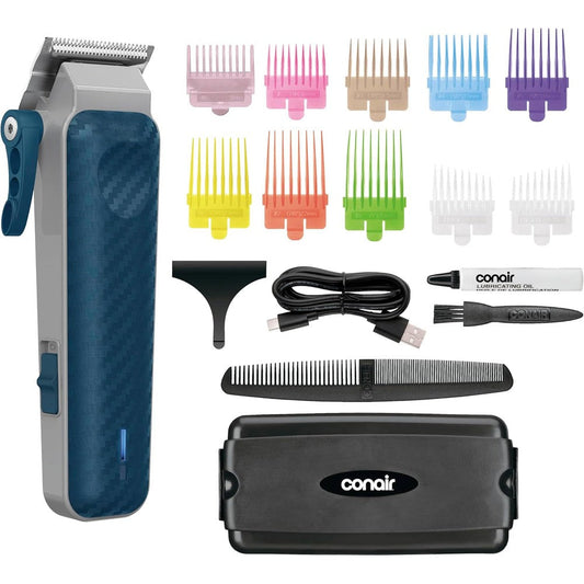 Conair Men Lithium Ion Rechargeable Clipper front view showcasing the textured blue handle and premium stainless steel grooming blades.