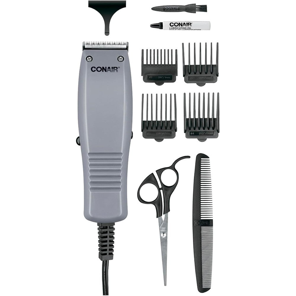 ConairMAN Simple Cut hair clippers 10 piece home hair cutting kit front view showing the corded trimmer device.