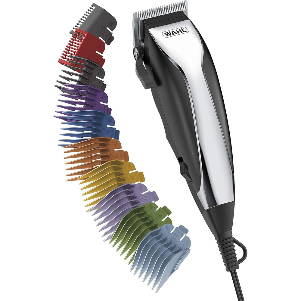 Wahl home haircutting corded clipper kit front view showcasing the black and chrome grooming machine.