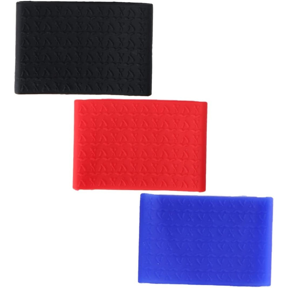 DECOMELODY 3pcs Razor Trimmer Grip Bands front view showing black red and blue silicone clipper sleeves for professional barbers.