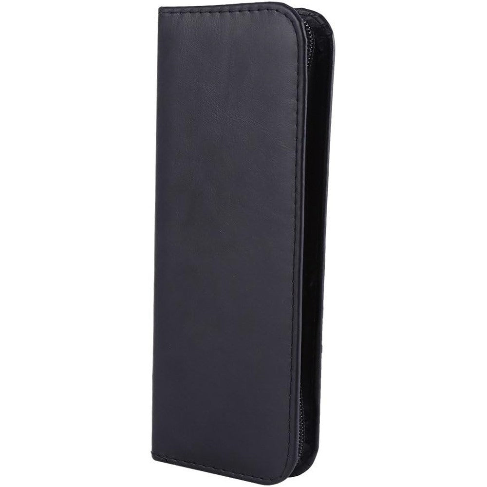 Novec Anggrek professional PU leather zipper scissors tool bag front view featuring sleek black textured finish.