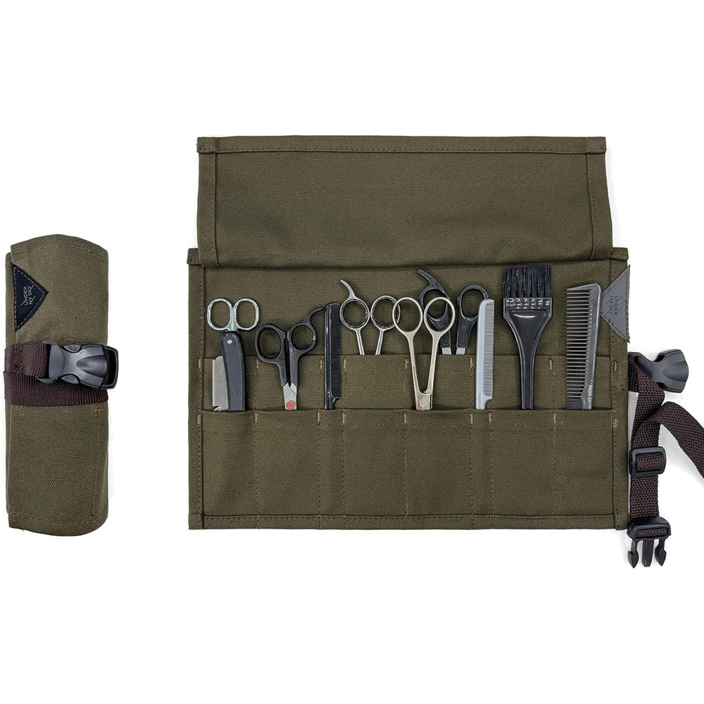 Under NY Sky Salon Scissors Roll Up Holder green canvas front view showing secure buckle closure