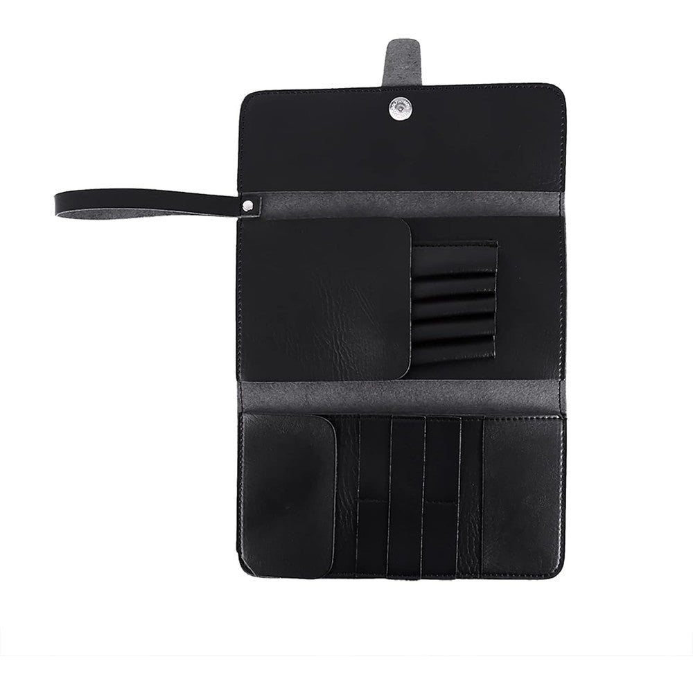 ZJchao multifunctional hair scissors bag pouch front view showing premium black leather finish.