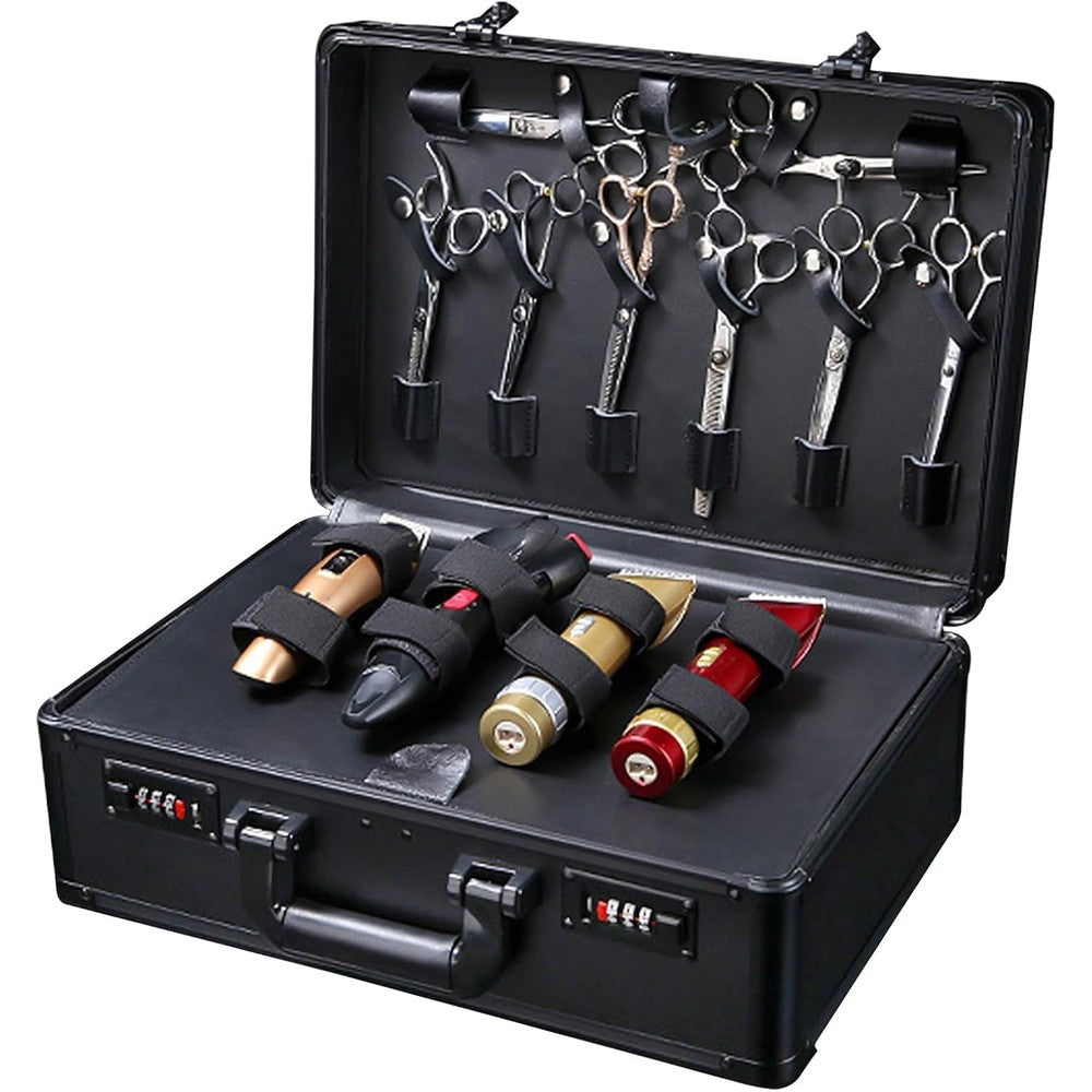 Neltharion barber carrying case front view showing black aluminum exterior and secure combination lock structure