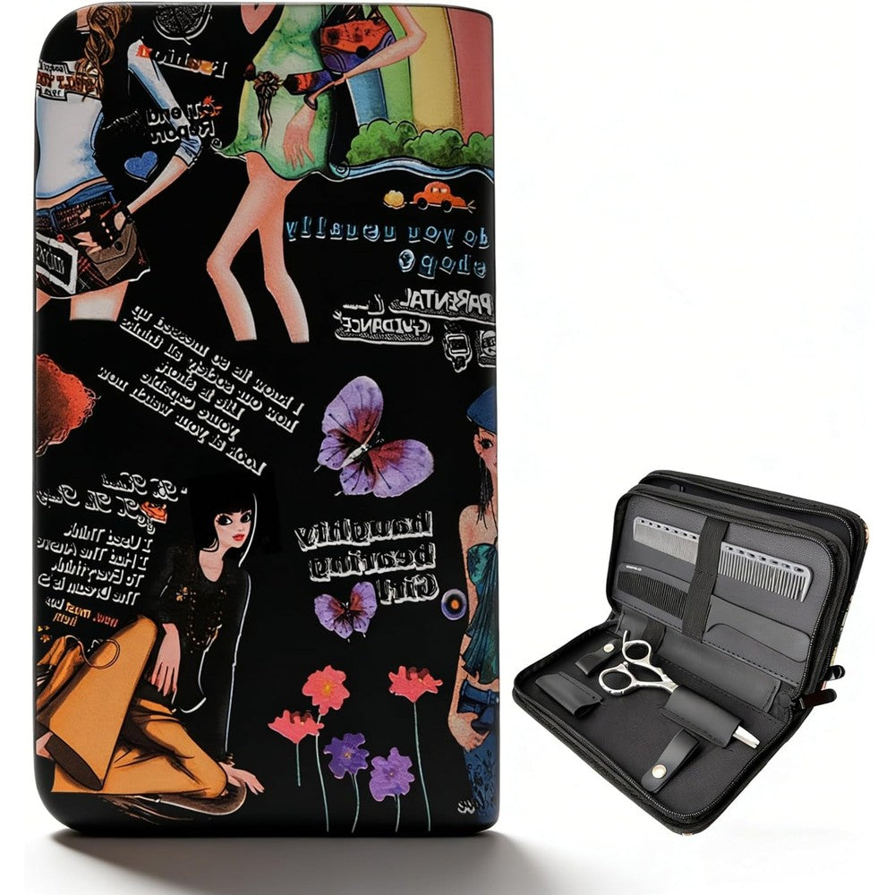 MuyBienBien Hairdressing Hair Scissors Storage Bag front view featuring colorful Y2K graphic print with butterflies and illustrated figures.
