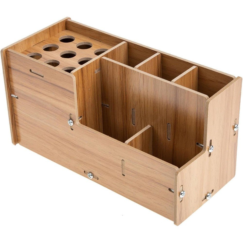 Minkissy anti slip wooden hairdressing tool storage box front view showcasing scissors holder holes