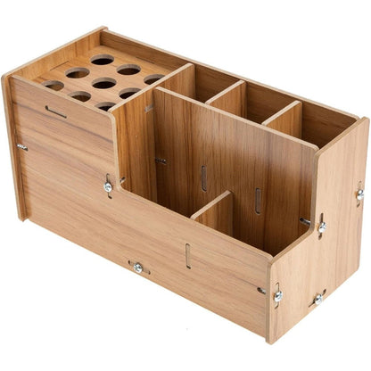 Minkissy anti slip wooden hairdressing tool storage box front view showcasing scissors holder holes