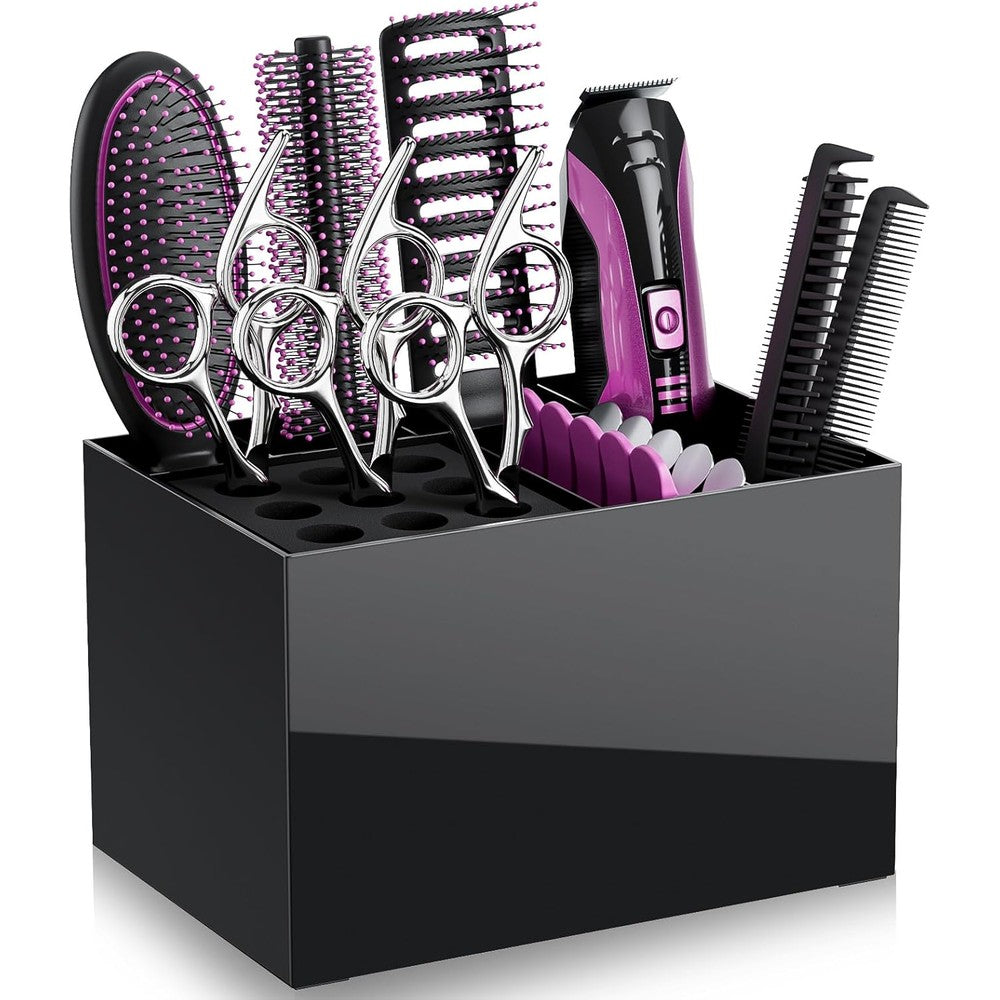 Noverlife hair salon scissor holder box front view showing multiple compartments filled with professional styling shears.