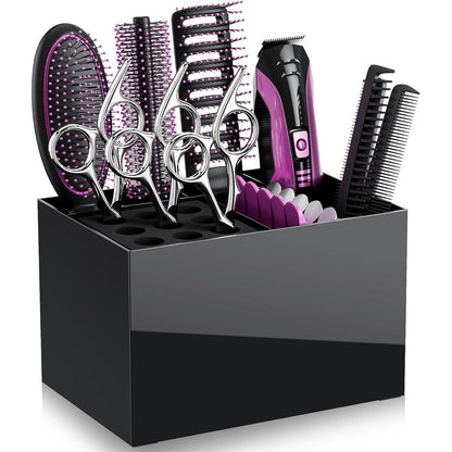 Noverlife hair salon scissor holder box front view showing multiple compartments filled with professional styling shears.