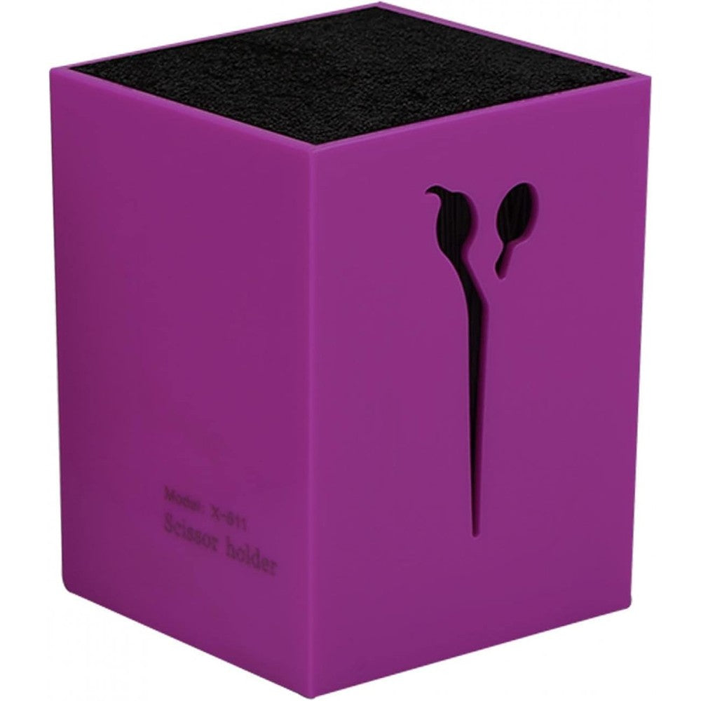 Yuyte acrylic salon scissors holder and combs storage box front view showcasing purple color styling caddy