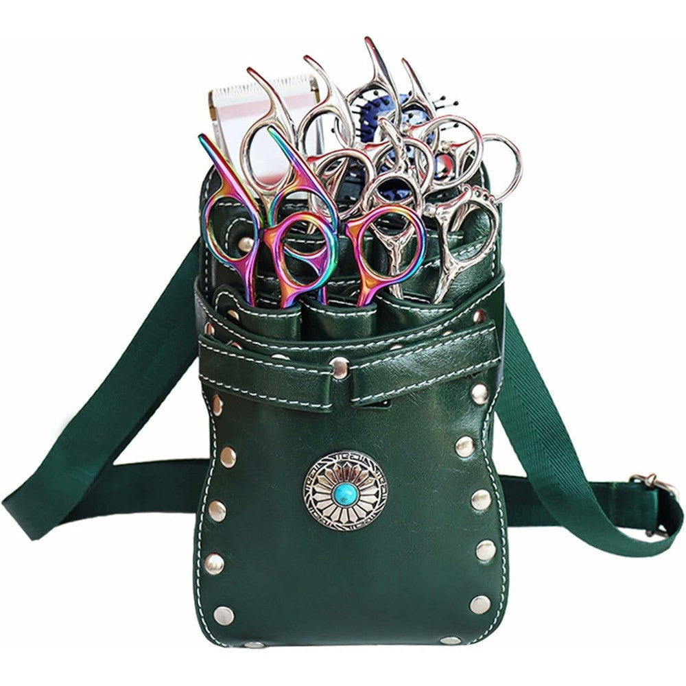 ZJchao professional green PU leather scissor holder holster front view showcasing seven slots and rainbow studs.