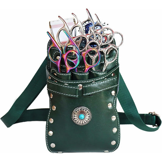 ZJchao professional green PU leather scissor holder holster front view showcasing seven slots and rainbow studs.