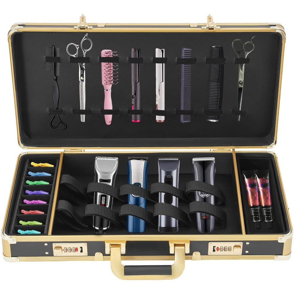 DENEST Barber Tool Travel Case front view showing classic gold trim and dual combination locks