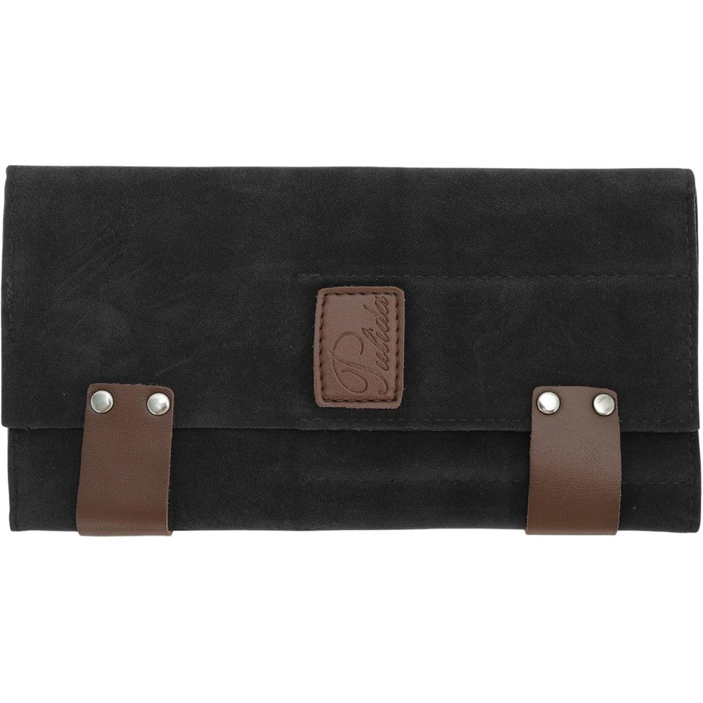 Unique Bargains VOCOSTE roll up scissors bag front view showing black canvas and brown leather straps.