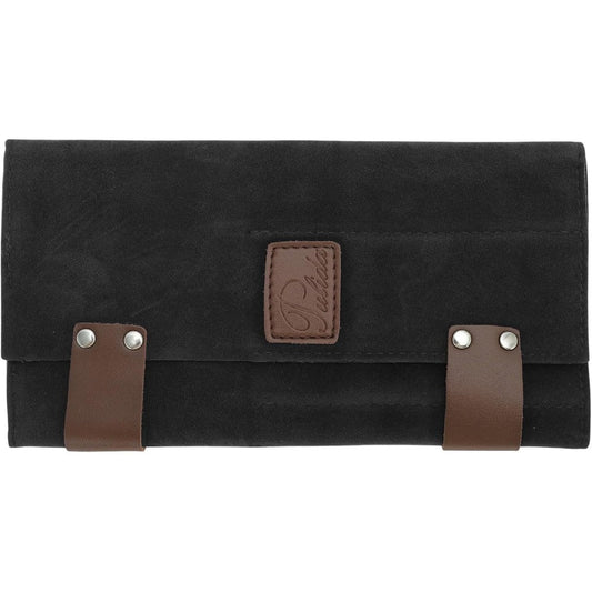 Unique Bargains VOCOSTE roll up scissors bag front view showing black canvas and brown leather straps.