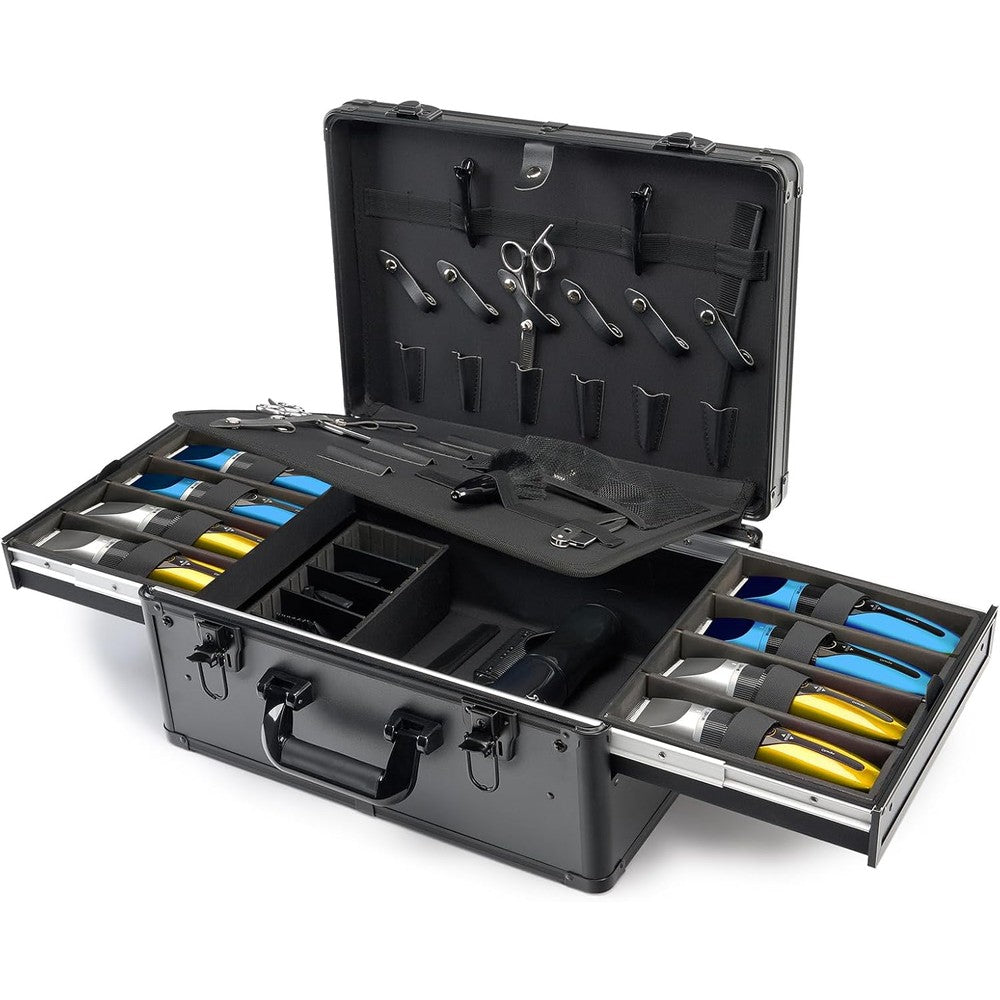 MoyRetty Professional Barber Case front view showing the sleek black aluminum exterior and secure single-lock system for mobile hair stylists.