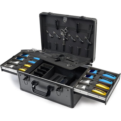 MoyRetty Professional Barber Case front view showing the sleek black aluminum exterior and secure single-lock system for mobile hair stylists.