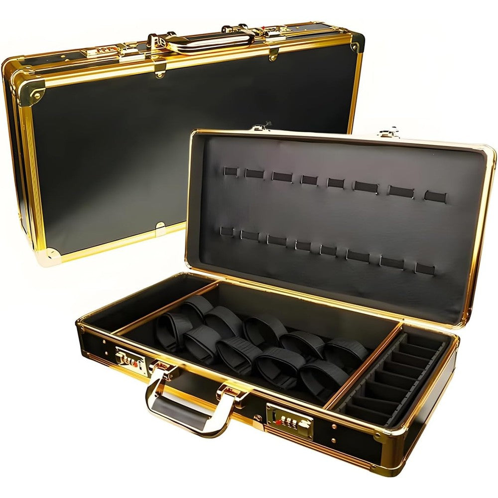 GYKLE Professional Barber Case gold and black front view showcasing aluminum frame and dual combination code locks.