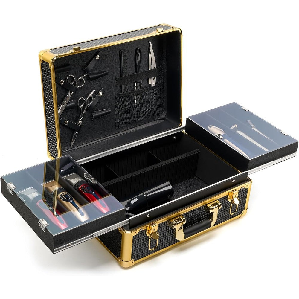 MoyRetty Professional Barber Case Organizer front view showing black and gold aluminum frame.