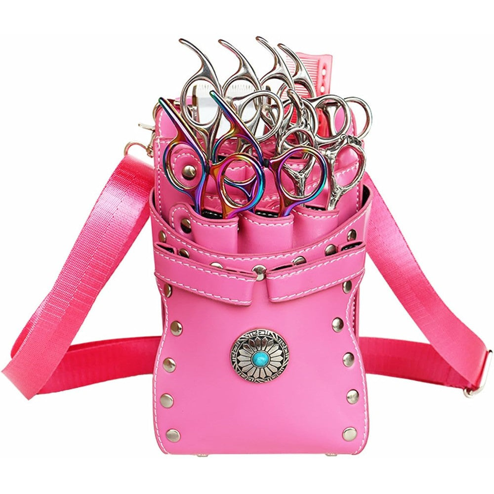 Brrnoo pink hairstylist waist bag front view showing 7-slot scissor slots and silver button detail
