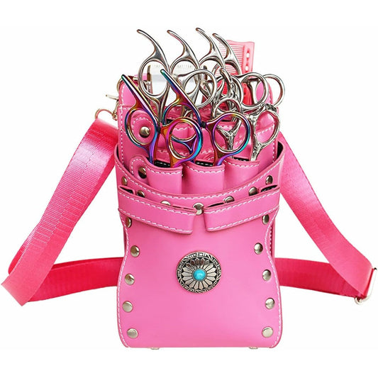 Brrnoo pink hairstylist waist bag front view showing 7-slot scissor slots and silver button detail