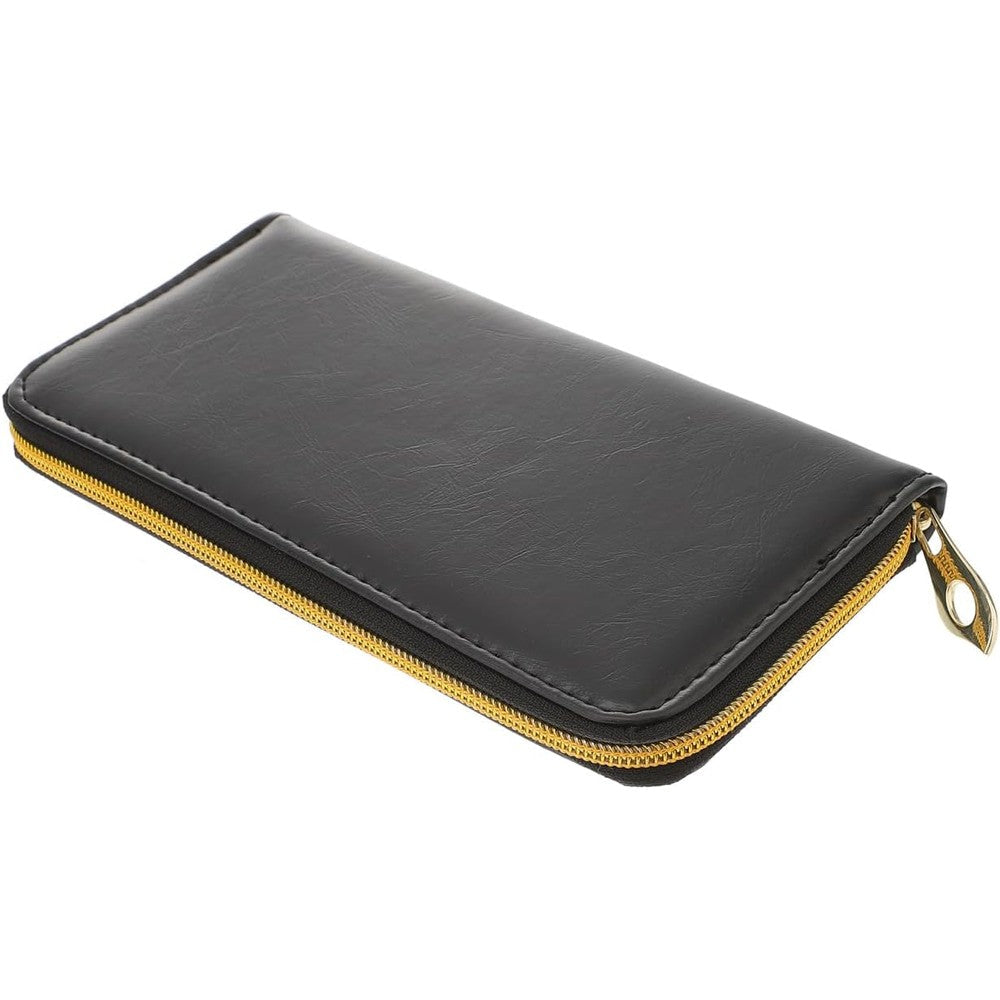 Mobestech leather scissor pouch bag front view showing black leather exterior and premium gold zipper details.