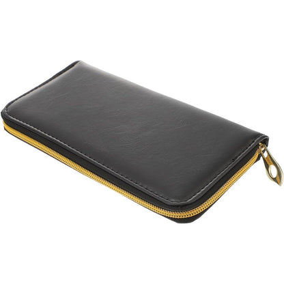 Mobestech leather scissor pouch bag front view showing black leather exterior and premium gold zipper details.