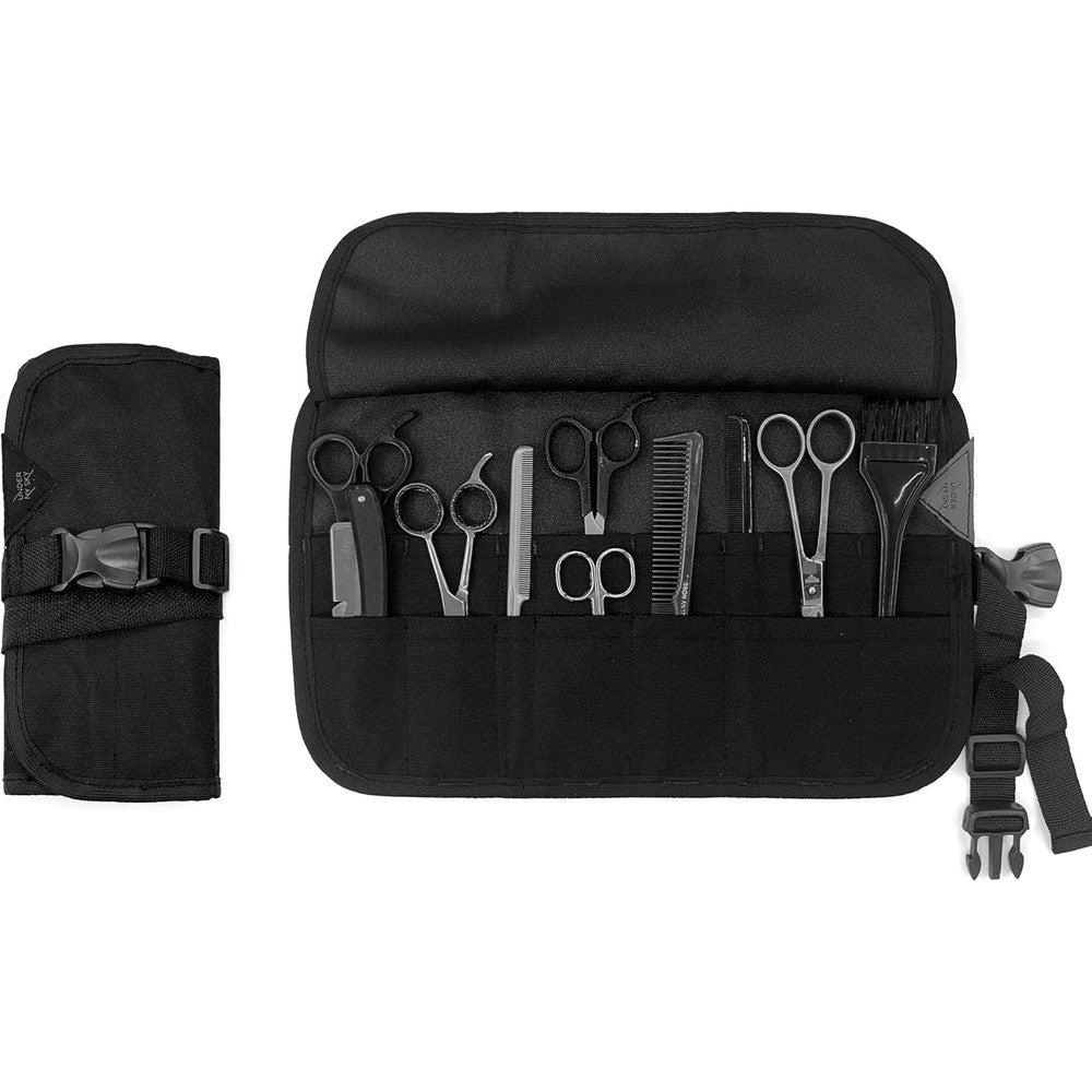 Under NY Sky Salon Scissors Roll Up Holder front view showcasing black Oxford canvas fabric.