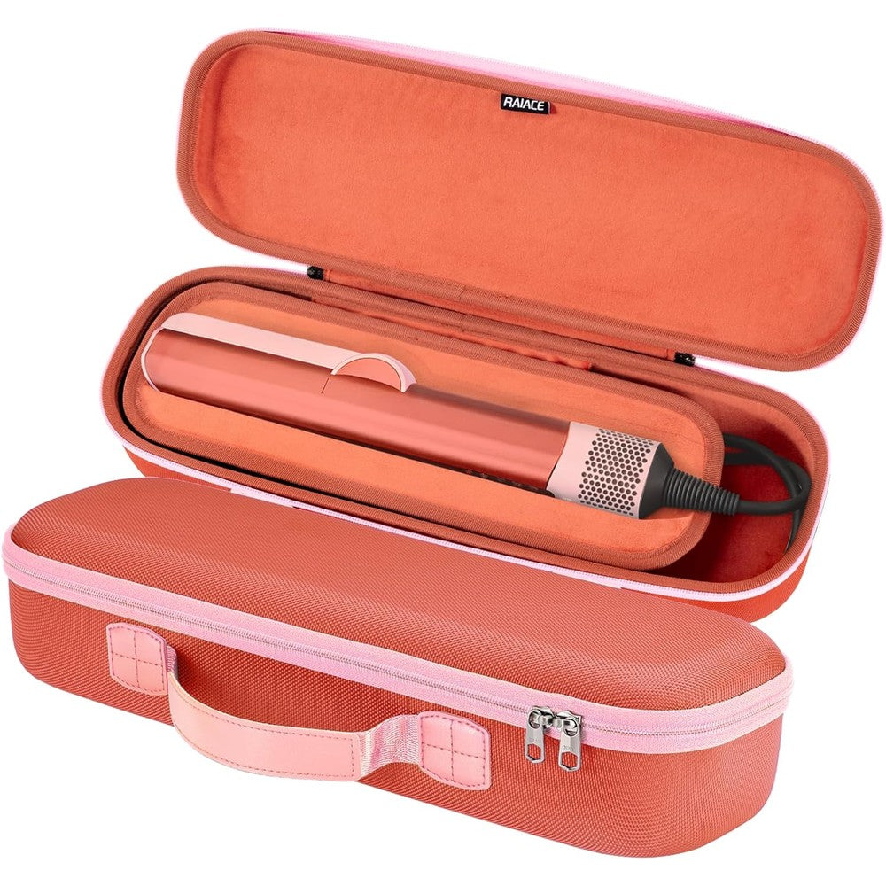 RAIACE hard storage case compatible with Dyson Airstrait straightener front view showcasing durable red exterior