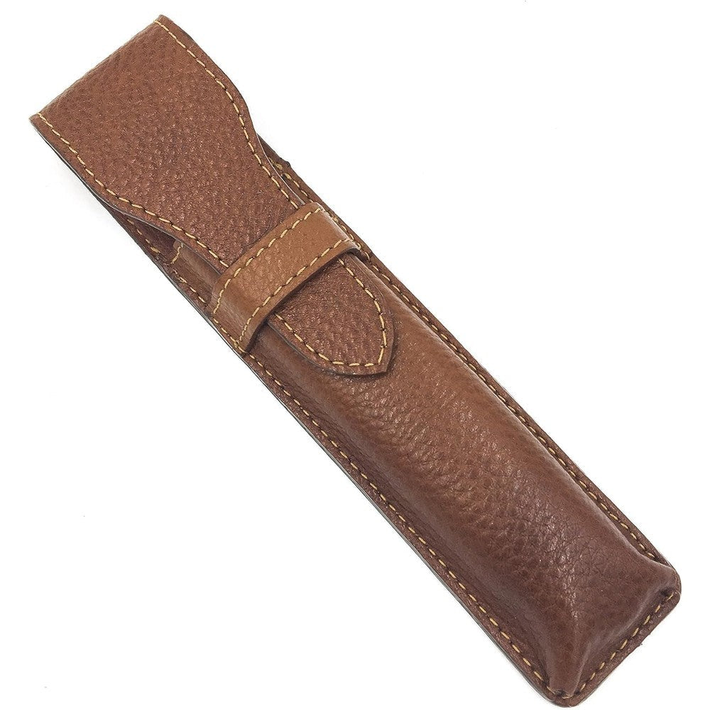 Parker Safety Razor Leather Saddle Brown Case front view showing hand-stitched details.