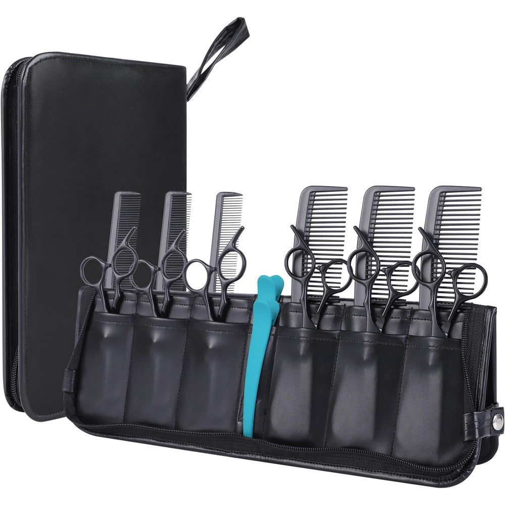 Amotpo hair stylist scissor holder pouch front view showing black leatherette exterior