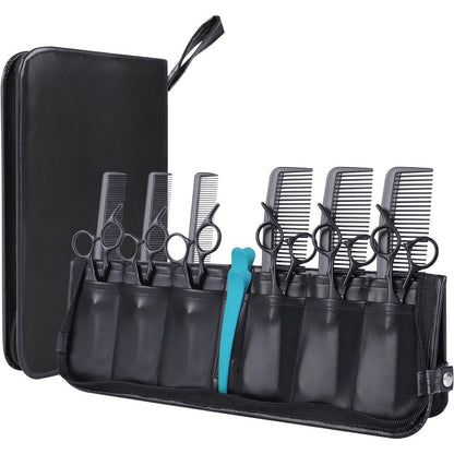 Amotpo hair stylist scissor holder pouch front view showing black leatherette exterior