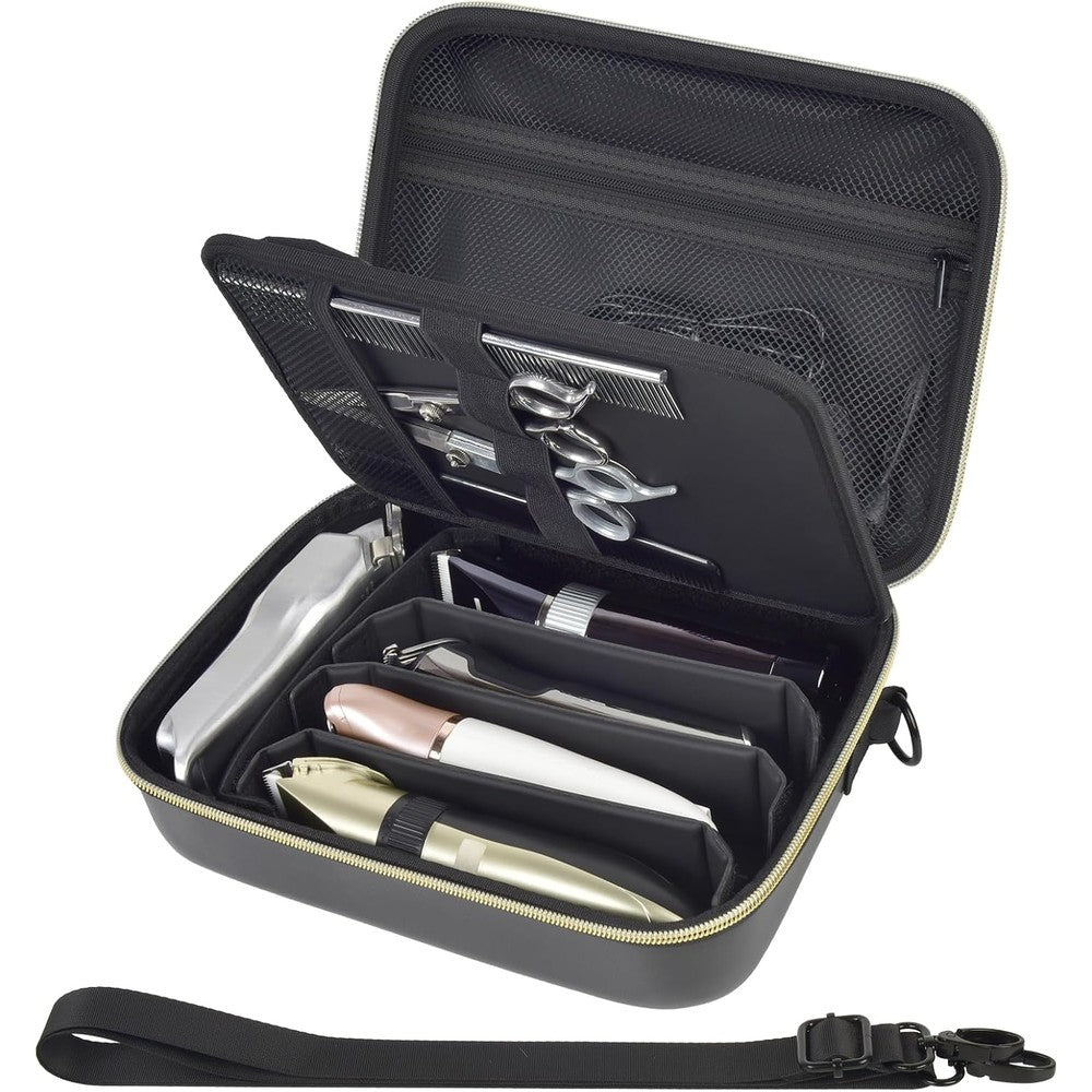 Casmilee barber case front view closed showing sleek black hard shell design and carrying handle.