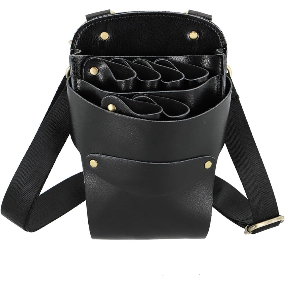 Aolaso leather hairdresser scissors bag front view showcasing six individual shear slots