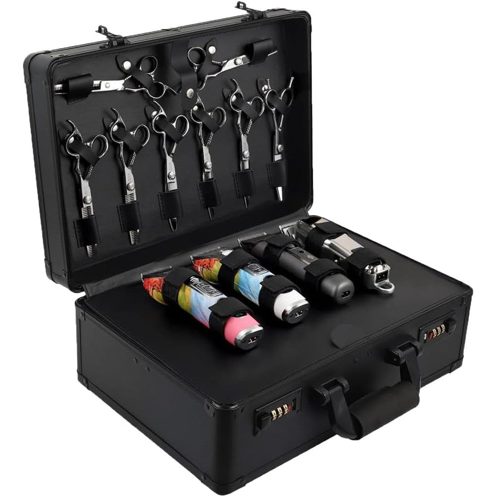 RLOZUI barber accessories case front view showing black aluminum exterior and secure dual combination locks