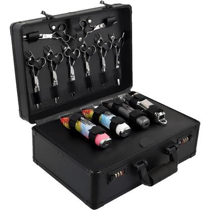 RLOZUI barber accessories case front view showing black aluminum exterior and secure dual combination locks