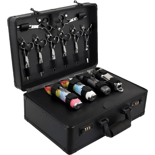 RLOZUI barber accessories case front view showing black aluminum exterior and secure dual combination locks