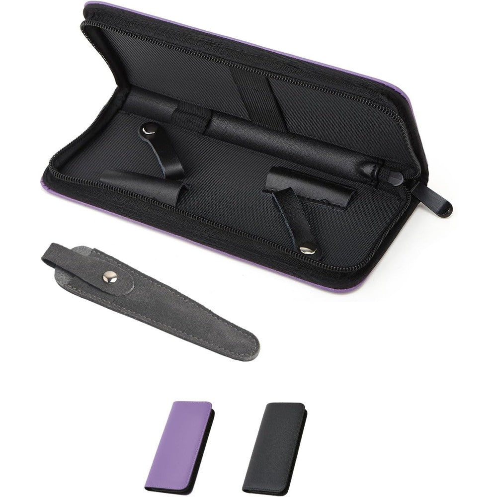 LAKE OF FIRE scissors case front view showing purple and gray zippered storage bag and leather shear cover