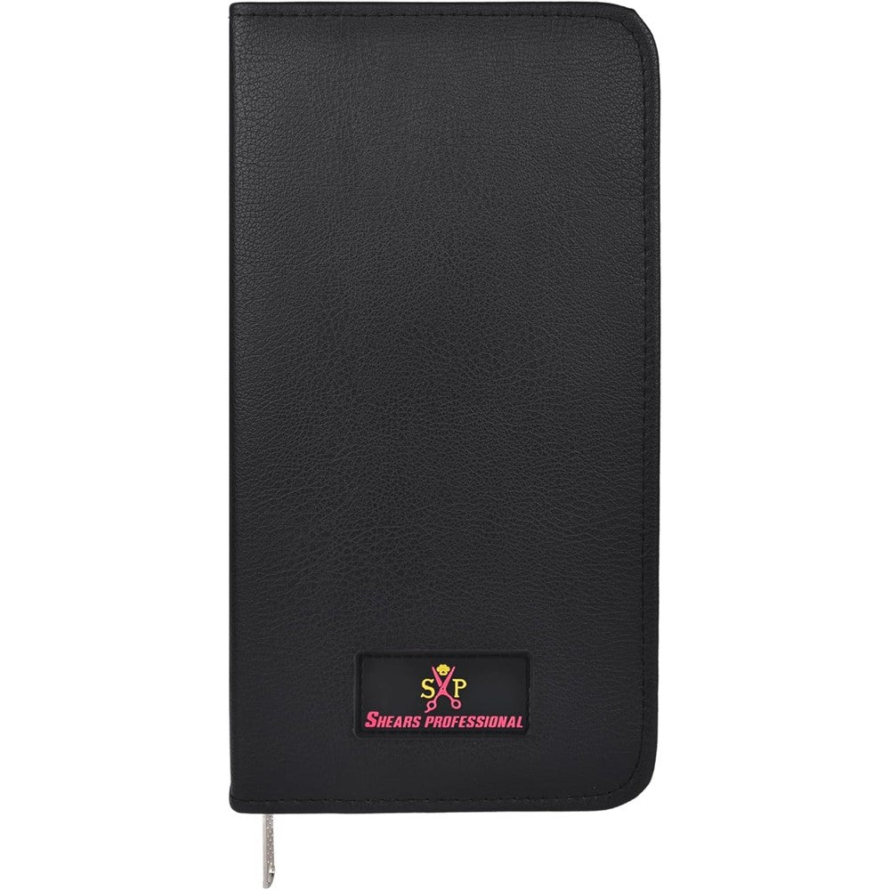Shears Professional leather 5 scissor storage case front view displaying premium black leather exterior.