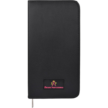 Shears Professional leather 5 scissor storage case front view displaying premium black leather exterior.
