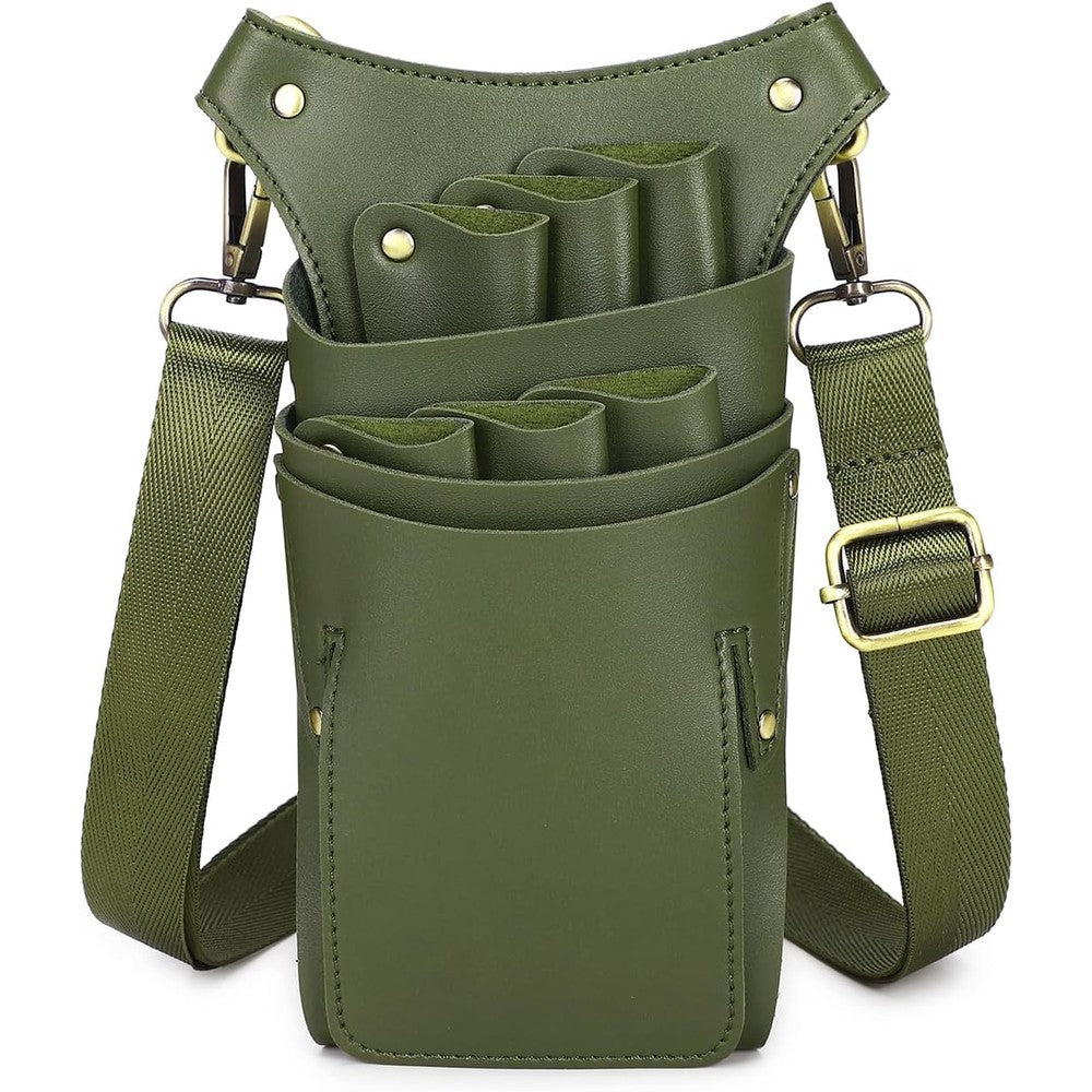 Goldwheat scissor pouch front view showing professional leather layout