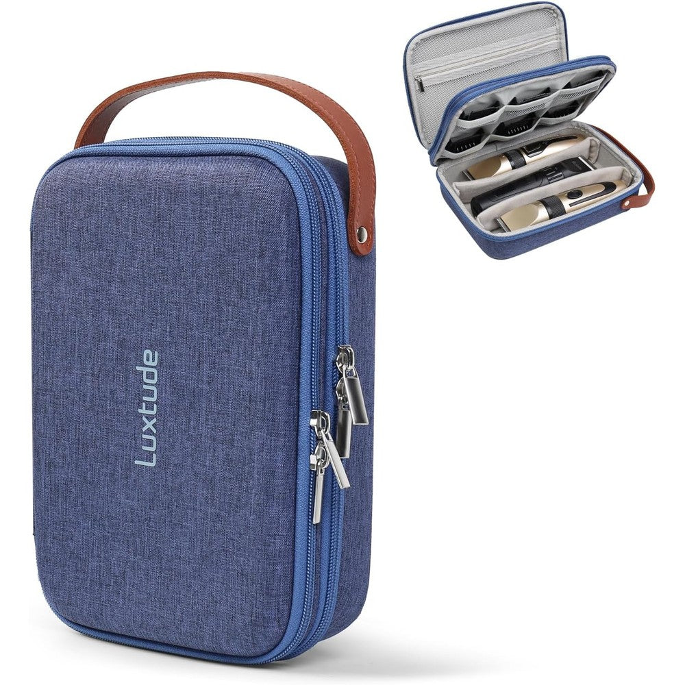 Luxtude hair clipper travel case front view showing blue hard shell and brown leather handle