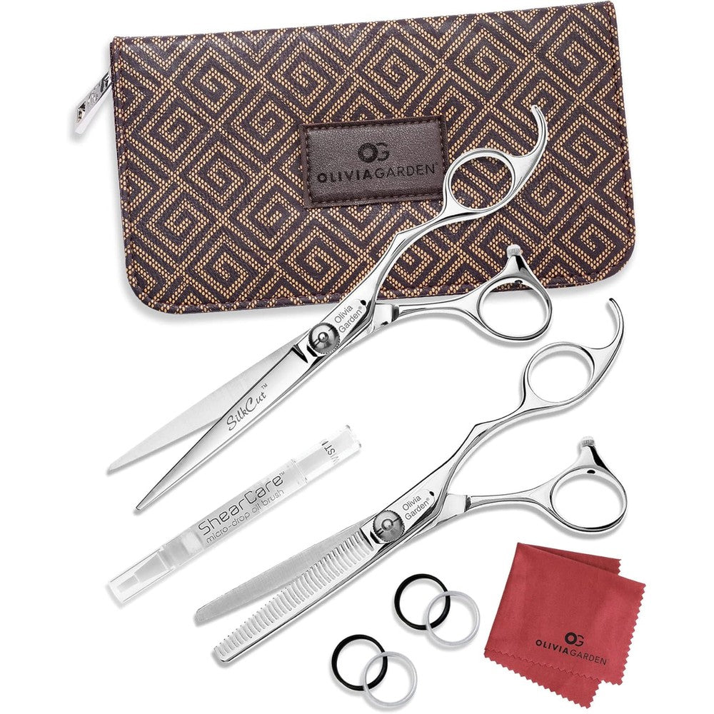 Olivia Garden SilkCut professional shear and thinner set front view featuring premium hairdressing scissors