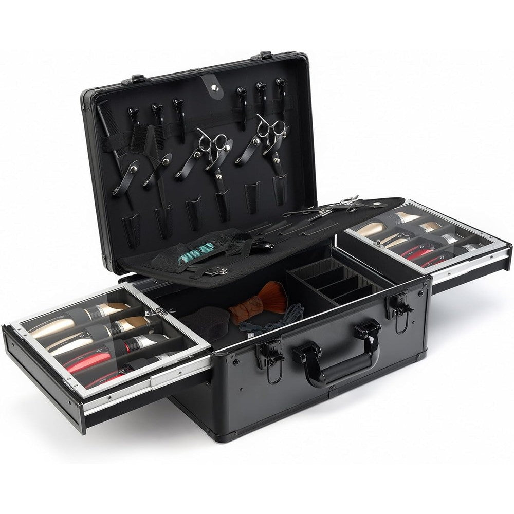 MoyRetty Professional Barber Case front view showing sleek black aluminum exterior and single-lock system for premium hair styling tool storage