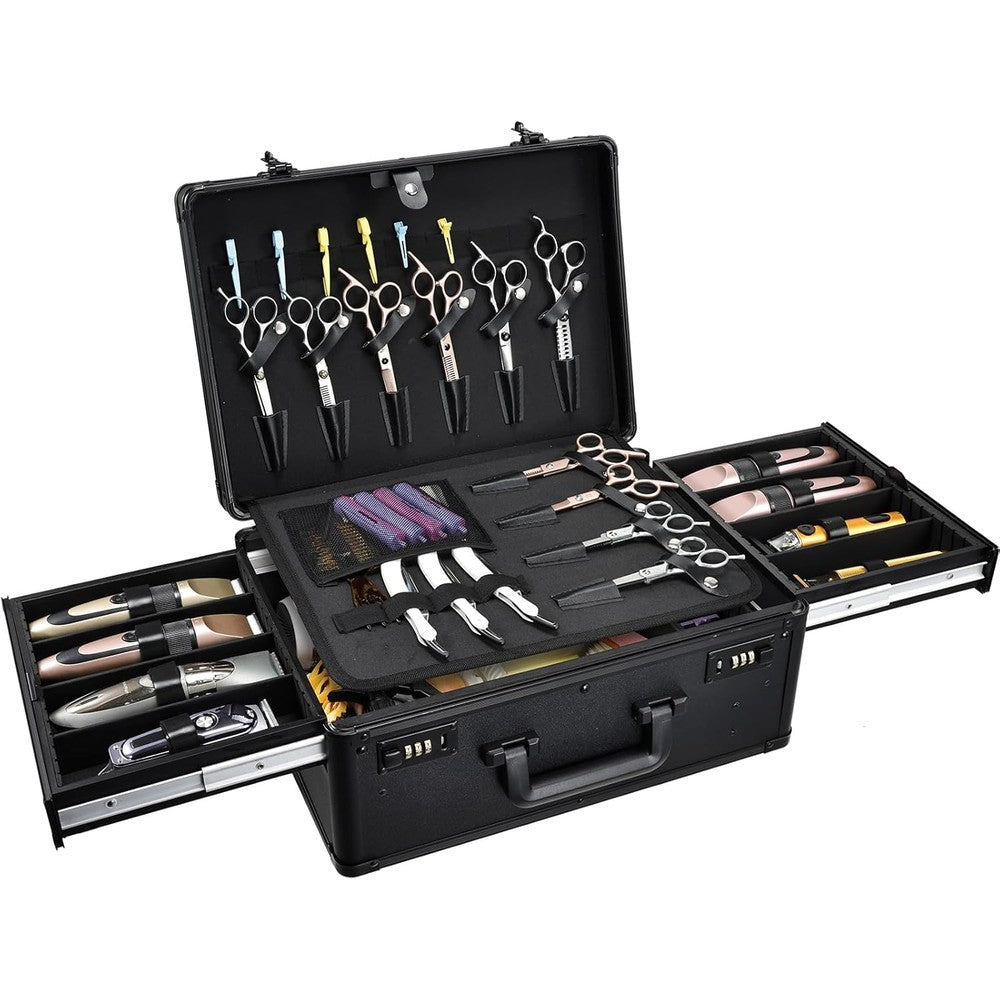 Yueieoun professional barber case front view showing black aluminum hard-shell exterior and dual combination locks for tool protection.