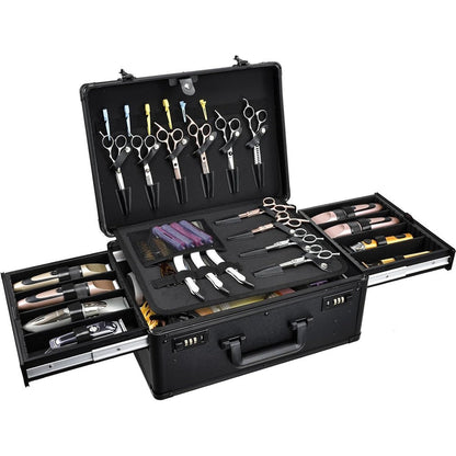 Yueieoun professional barber case front view showing black aluminum hard-shell exterior and dual combination locks for tool protection.